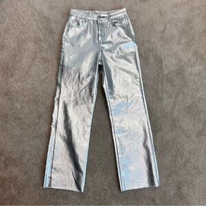 Zara metallic silver liquid foil straight cut high rise denim jeans Sz 2